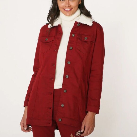 NWT DG2 by Diane Gilman Jacket Stretch Faux Sherpa Elongated Denim Button Down - Picture 1 of 8
